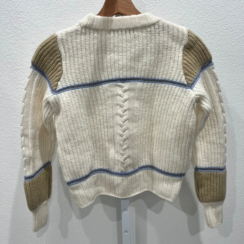 Joie Ivor‎ Colorblock Chunky Cable Knit Wool Sweater Womens XS Cream Old Money